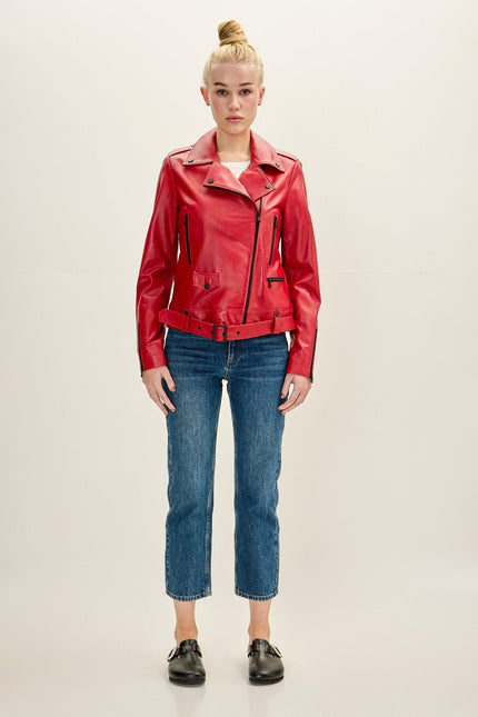 Women's Lambskin Leather Biker Jacket - Red | Ron Tomson