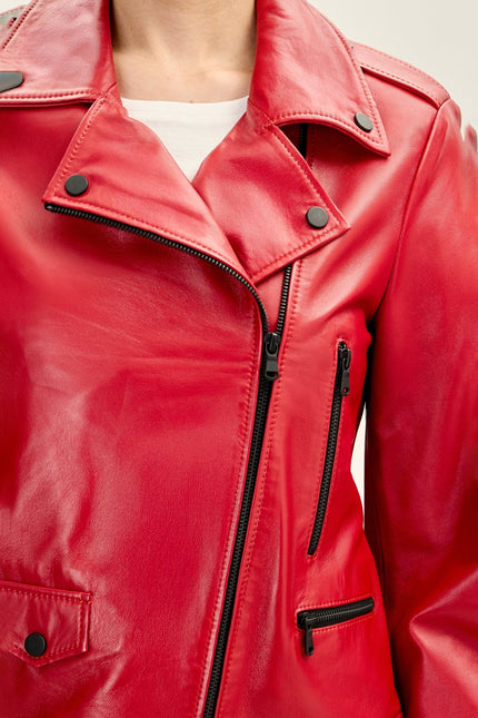 Women's Lambskin Leather Biker Jacket - Red | Ron Tomson