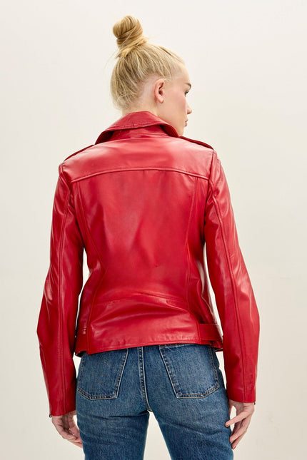 Women's Lambskin Leather Biker Jacket - Red | Ron Tomson