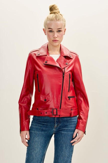 Women's Lambskin Leather Biker Jacket - Red | Ron Tomson