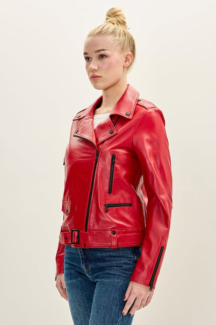 Women's Lambskin Leather Biker Jacket - Red | Ron Tomson