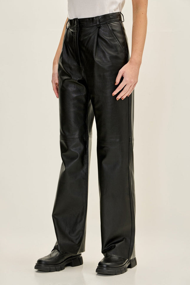 Women's Nappa Lambskin Pleated Pants - Black | Ron Tomson