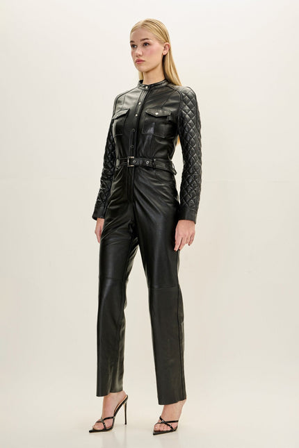 Women's Lambskin Leather Quilted Detail Jumpsuit - Black | Ron Tomson
