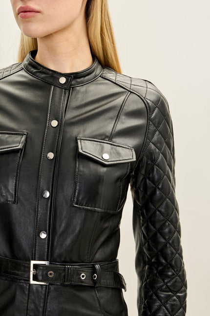 Women's Lambskin Leather Quilted Detail Jumpsuit - Black | Ron Tomson