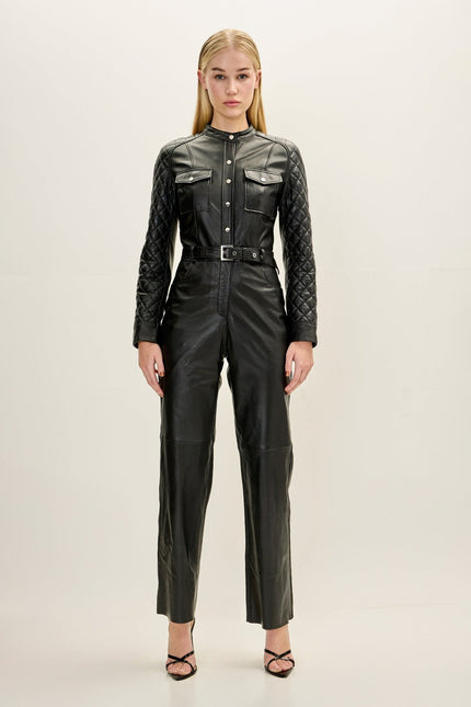 Women's Lambskin Leather Quilted Detail Jumpsuit - Black | Ron Tomson