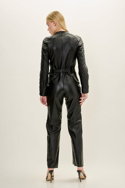 Women's Lambskin Leather Quilted Detail Jumpsuit - Black | Ron Tomson
