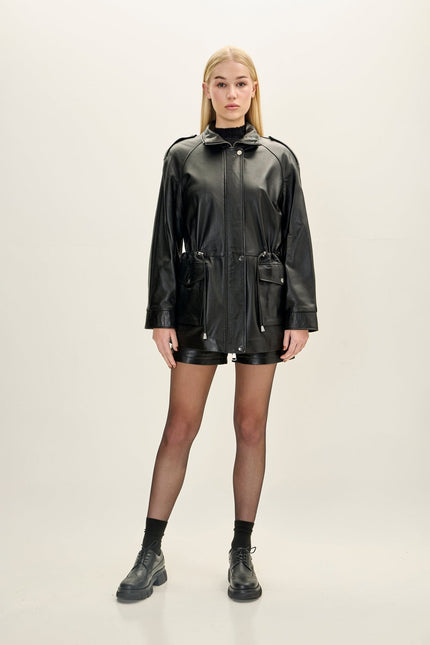 Women's Nappa Lambskin Safari Jacket - Black | Ron Tomson