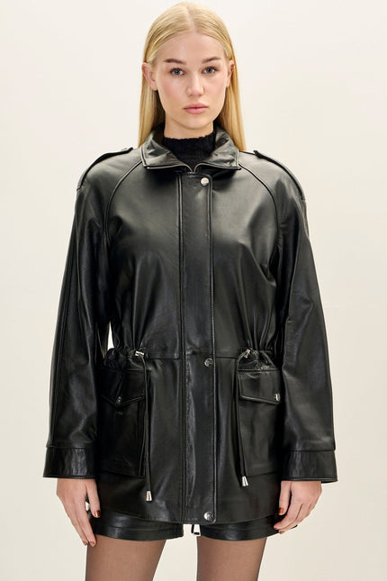 Women's Nappa Lambskin Safari Jacket - Black | Ron Tomson