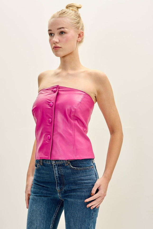 Women's Lambskin Leather Bustier Top - Pink | Ron Tomson