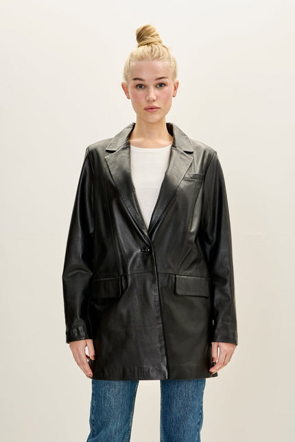 Women's Single-Breasted Lambskin Leather Blazer - Black | Ron Tomson