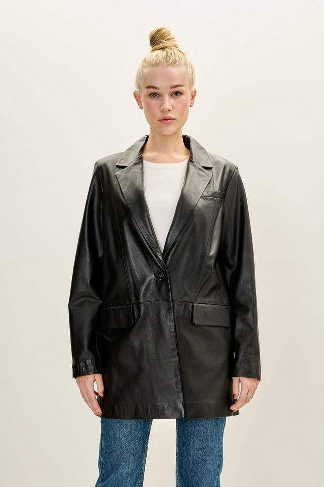 Women's Single-Breasted Lambskin Leather Blazer - Black | Ron Tomson