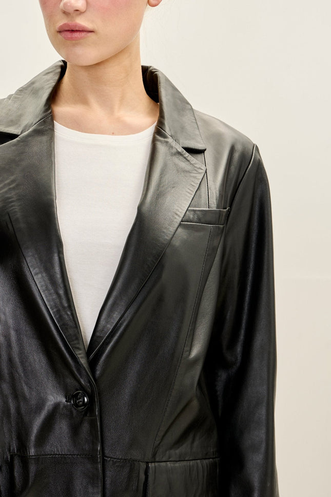 Women's Single-Breasted Lambskin Leather Blazer - Black | Ron Tomson