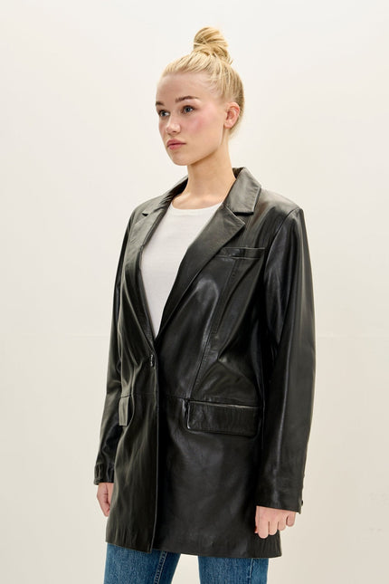 Women's Single-Breasted Lambskin Leather Blazer - Black | Ron Tomson