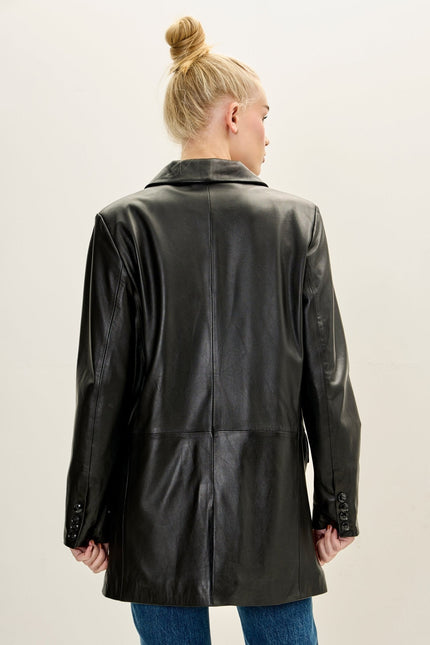 Women's Single-Breasted Lambskin Leather Blazer - Black | Ron Tomson