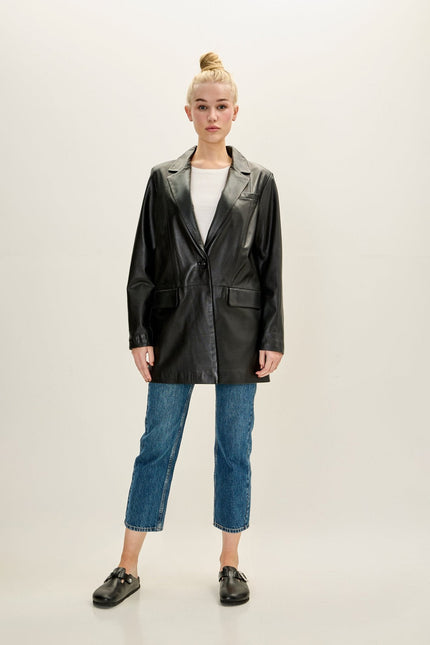 Women's Single-Breasted Lambskin Leather Blazer - Black | Ron Tomson