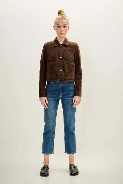 Women's Lambskin Suede Short Jacket - Dark Brown | Ron Tomson