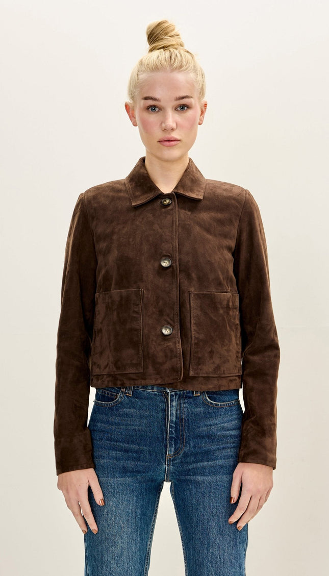 Lambskin Suede Short Jacket - Dark Brown