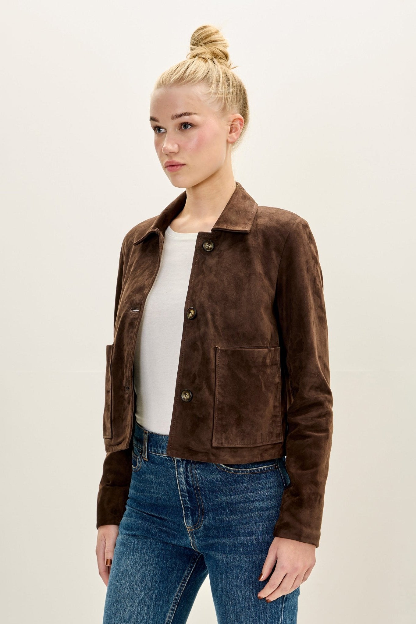 Women's Lambskin Suede Short Jacket - Dark Brown | Ron Tomson