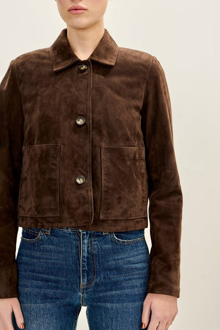 Women's Lambskin Suede Short Jacket - Dark Brown | Ron Tomson