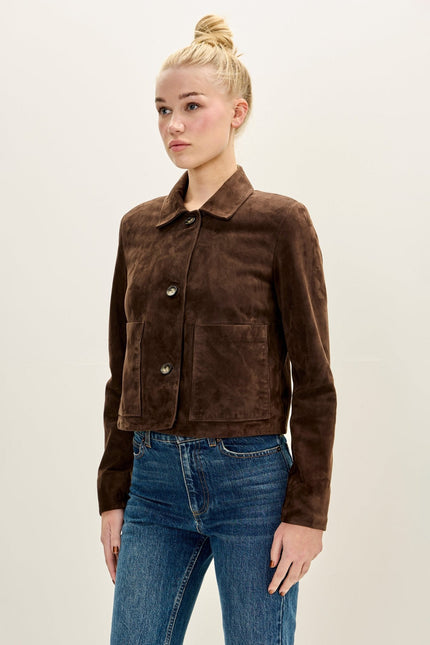 Women's Lambskin Suede Short Jacket - Dark Brown | Ron Tomson
