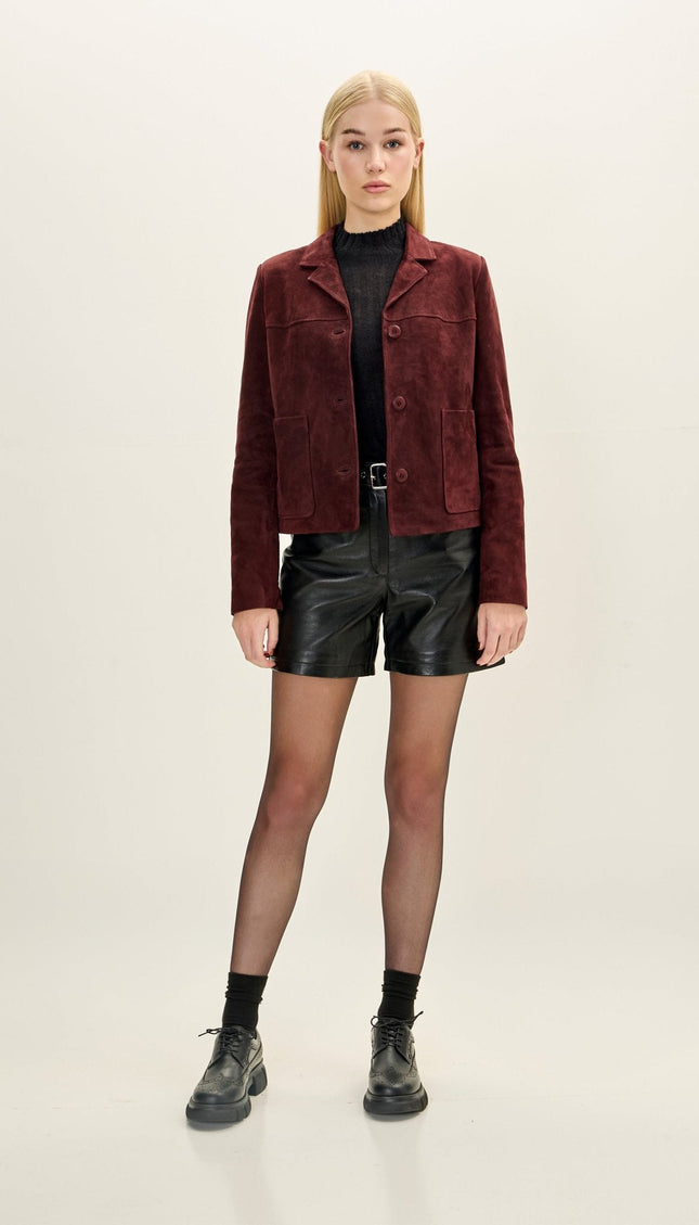 Short Lambskin Suede Blazer - Burgundy