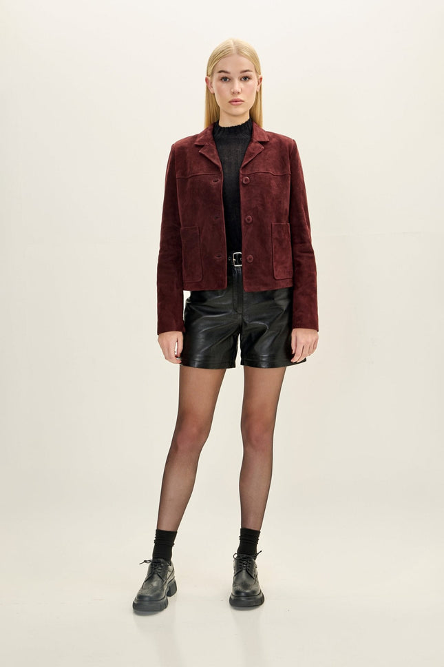 Women's Short Lambskin Suede Blazer - Burgundy | Ron Tomson