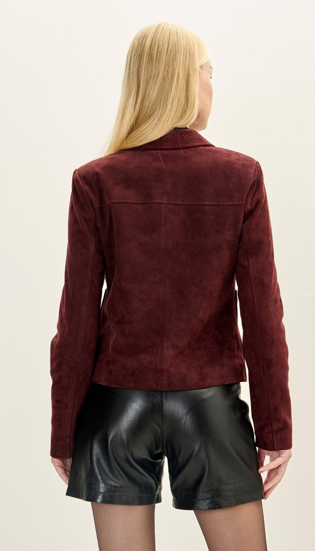 Short Lambskin Suede Blazer - Burgundy