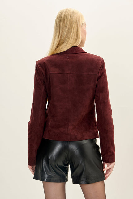 Women's Short Lambskin Suede Blazer - Burgundy | Ron Tomson