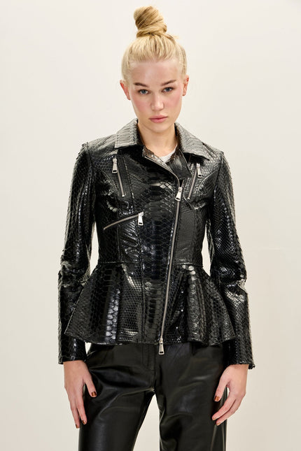 Women's Snakeskin Peplum Jacket - Black | Ron Tomson