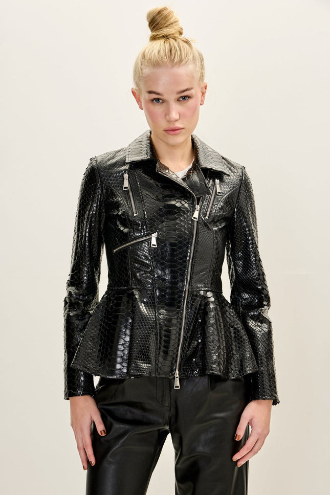 Women's Snakeskin Peplum Jacket - Black | Ron Tomson