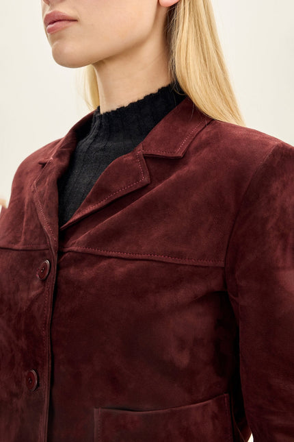 Women's Short Lambskin Suede Blazer - Burgundy | Ron Tomson
