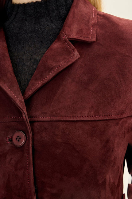 Women's Short Lambskin Suede Blazer - Burgundy | Ron Tomson