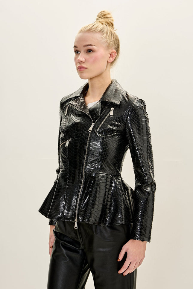 Women's Snakeskin Peplum Jacket - Black | Ron Tomson