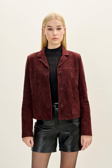 Women's Short Lambskin Suede Blazer - Burgundy | Ron Tomson