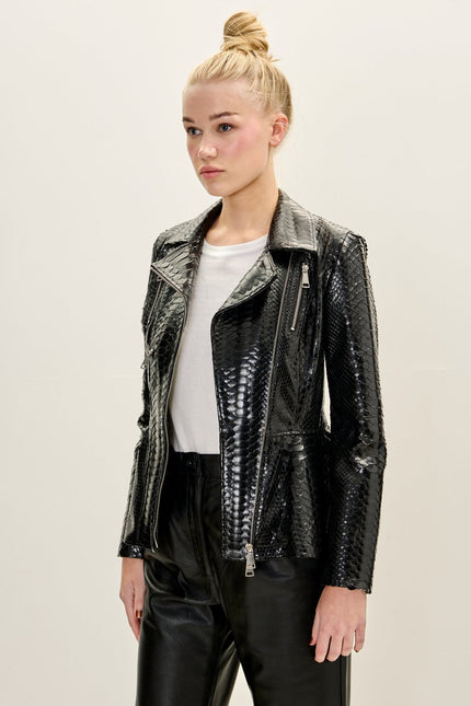 Women's Snakeskin Peplum Jacket - Black | Ron Tomson