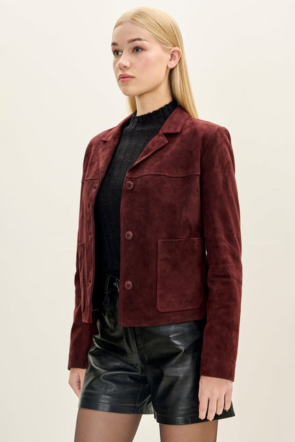 Women's Short Lambskin Suede Blazer - Burgundy | Ron Tomson