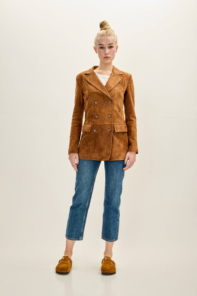 Women's Lambskin Suede Double-Breasted Blazer - Brown | Ron Tomson