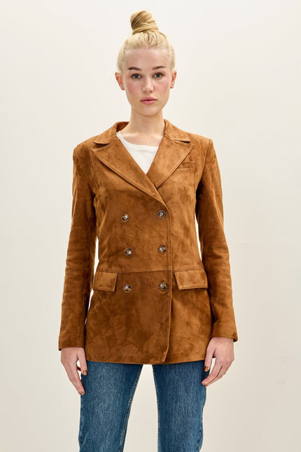 Women's Lambskin Suede Double-Breasted Blazer - Brown | Ron Tomson