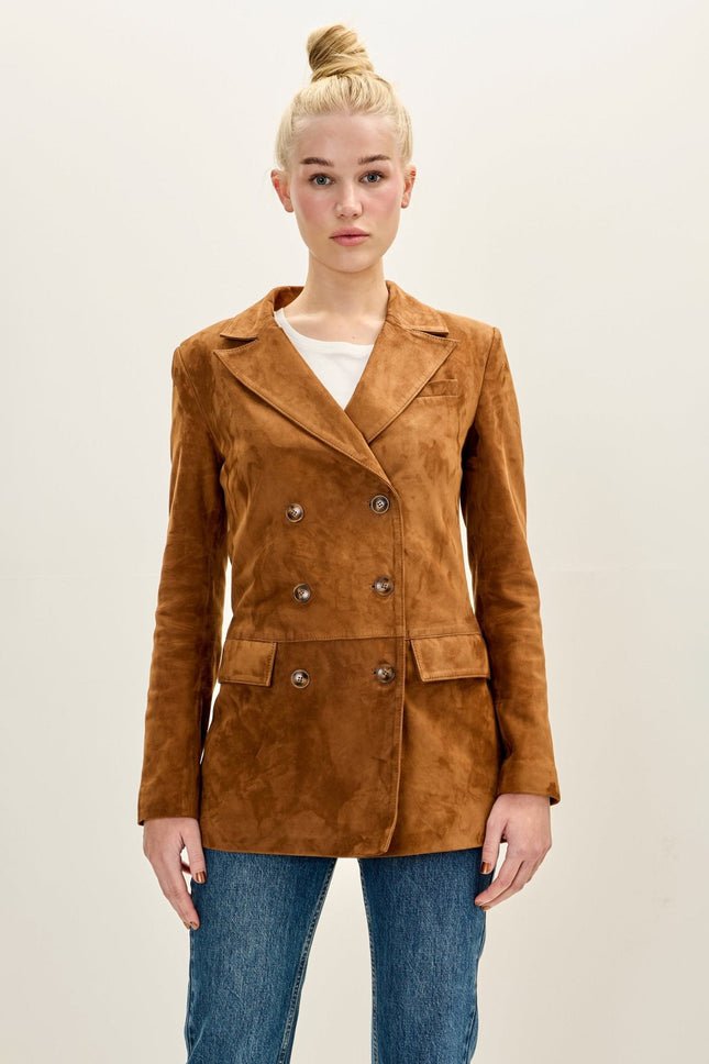 Women's Lambskin Suede Double-Breasted Blazer - Brown | Ron Tomson