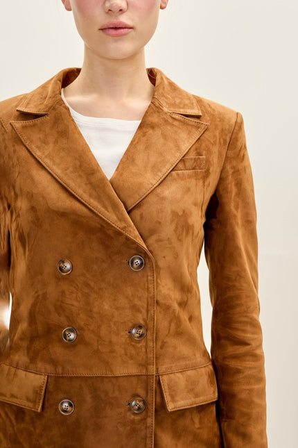 Women's Lambskin Suede Double-Breasted Blazer - Brown | Ron Tomson