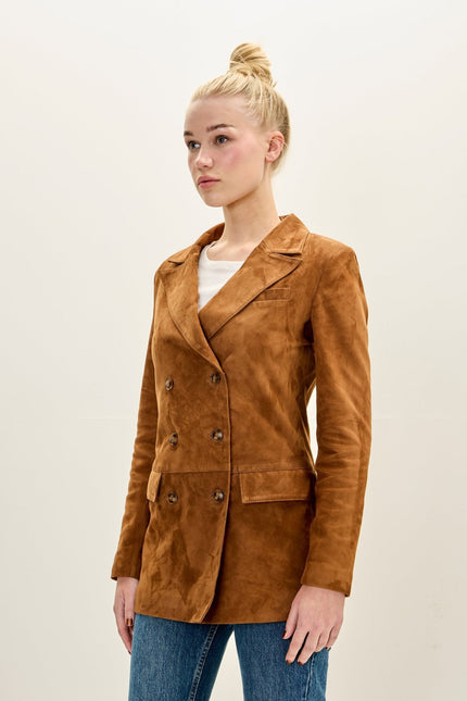 Women's Lambskin Suede Double-Breasted Blazer - Brown | Ron Tomson