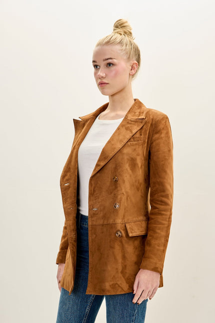 Women's Lambskin Suede Double-Breasted Blazer - Brown | Ron Tomson