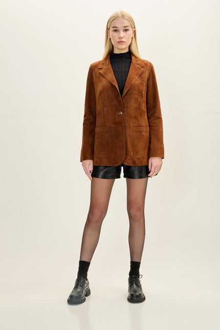 Women's Lambskin Suede Single-Breasted Blazer - Brown | Ron Tomson