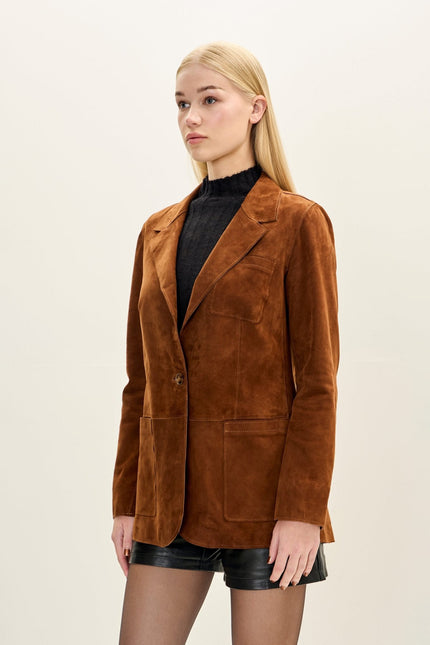 Women's Lambskin Suede Single-Breasted Blazer - Brown | Ron Tomson