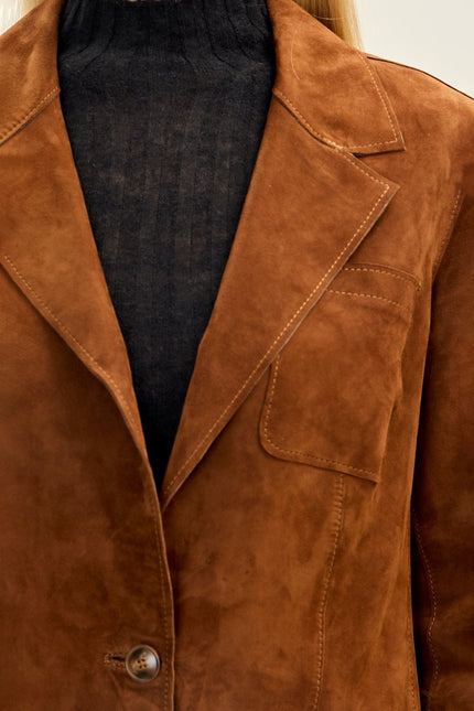 Women's Lambskin Suede Single-Breasted Blazer - Brown | Ron Tomson