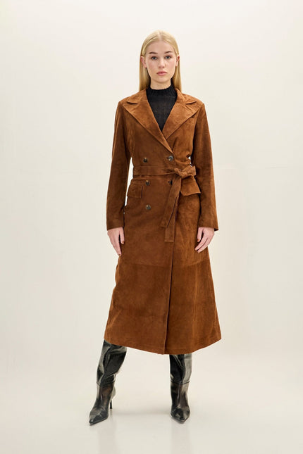Women's Lambskin Suede Double-Breasted Trench Coat - Brown | Ron Tomson