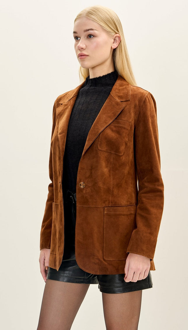 Lambskin Suede Single-Breasted Blazer - Brown