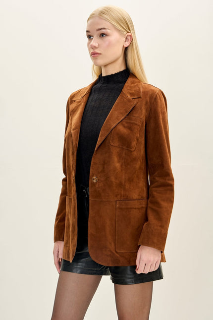 Women's Lambskin Suede Single-Breasted Blazer - Brown | Ron Tomson