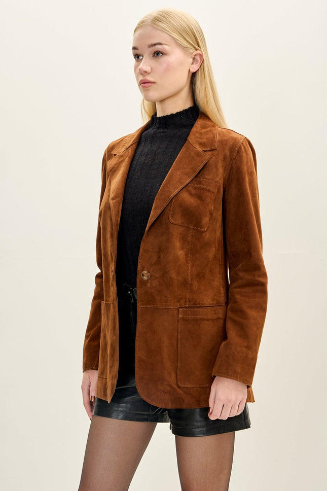 Women's Lambskin Suede Single-Breasted Blazer - Brown | Ron Tomson