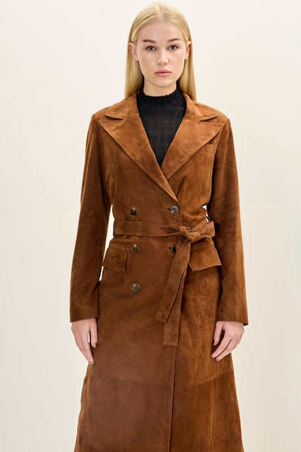 Women's Lambskin Suede Double-Breasted Trench Coat - Brown | Ron Tomson